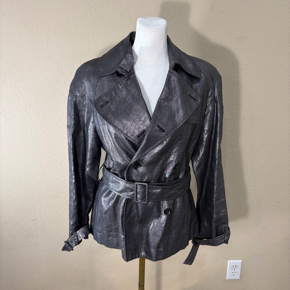 Anne Klein Women's Mettalic 100% Linen Belted Short Trench Cropped Jacket Sz S